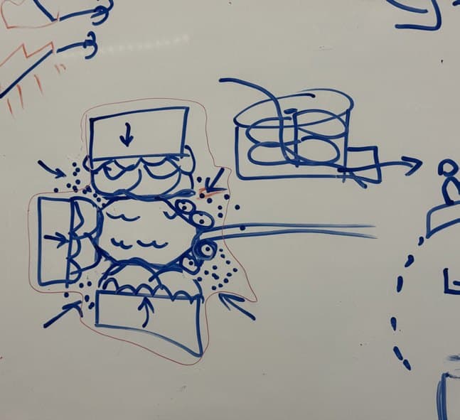 Whiteboard diagram — cells, connections and flows