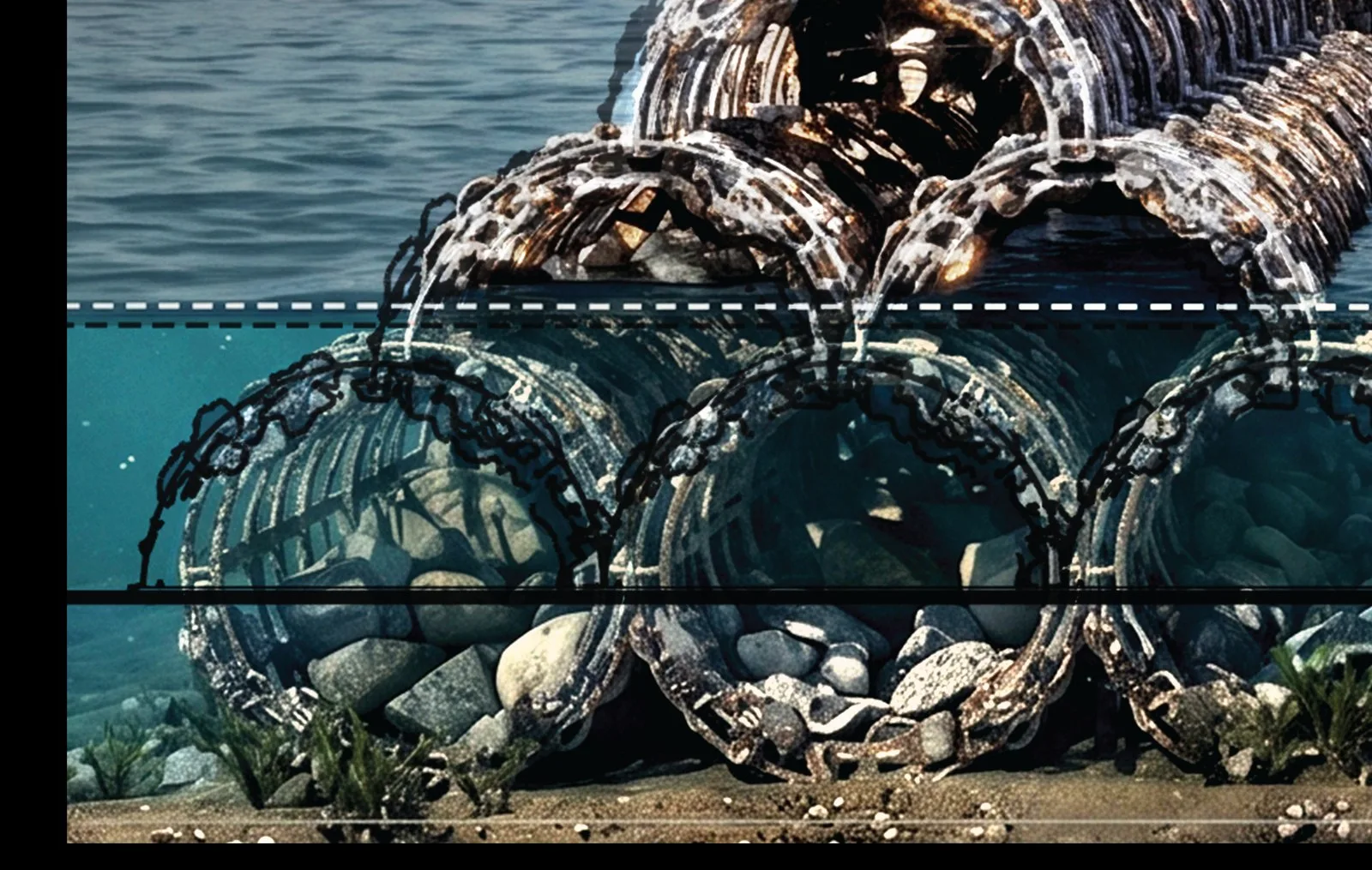 Detail section of shell-packed biorock cages at the waterline, above and below the tidal range