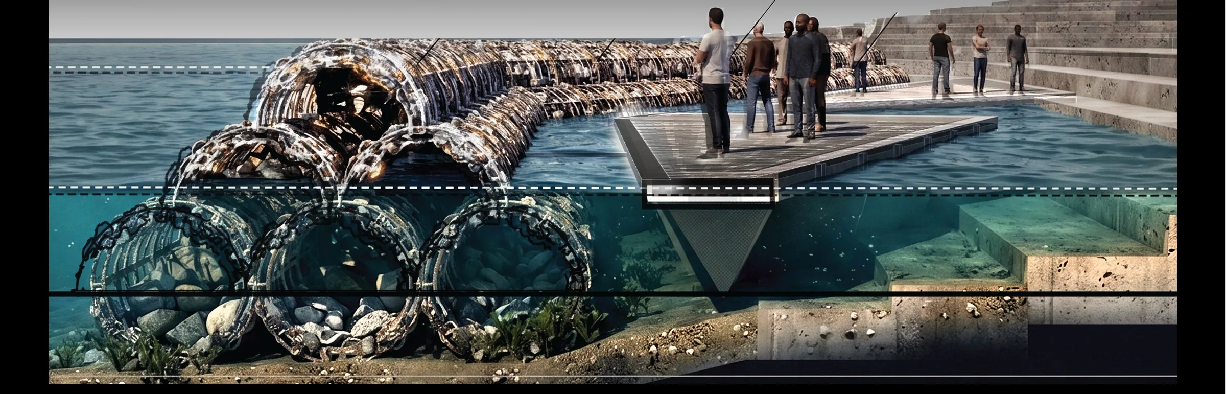 Above and below water section through the reef — shell-filled cages at the seabed, a floating platform and the public edge beyond