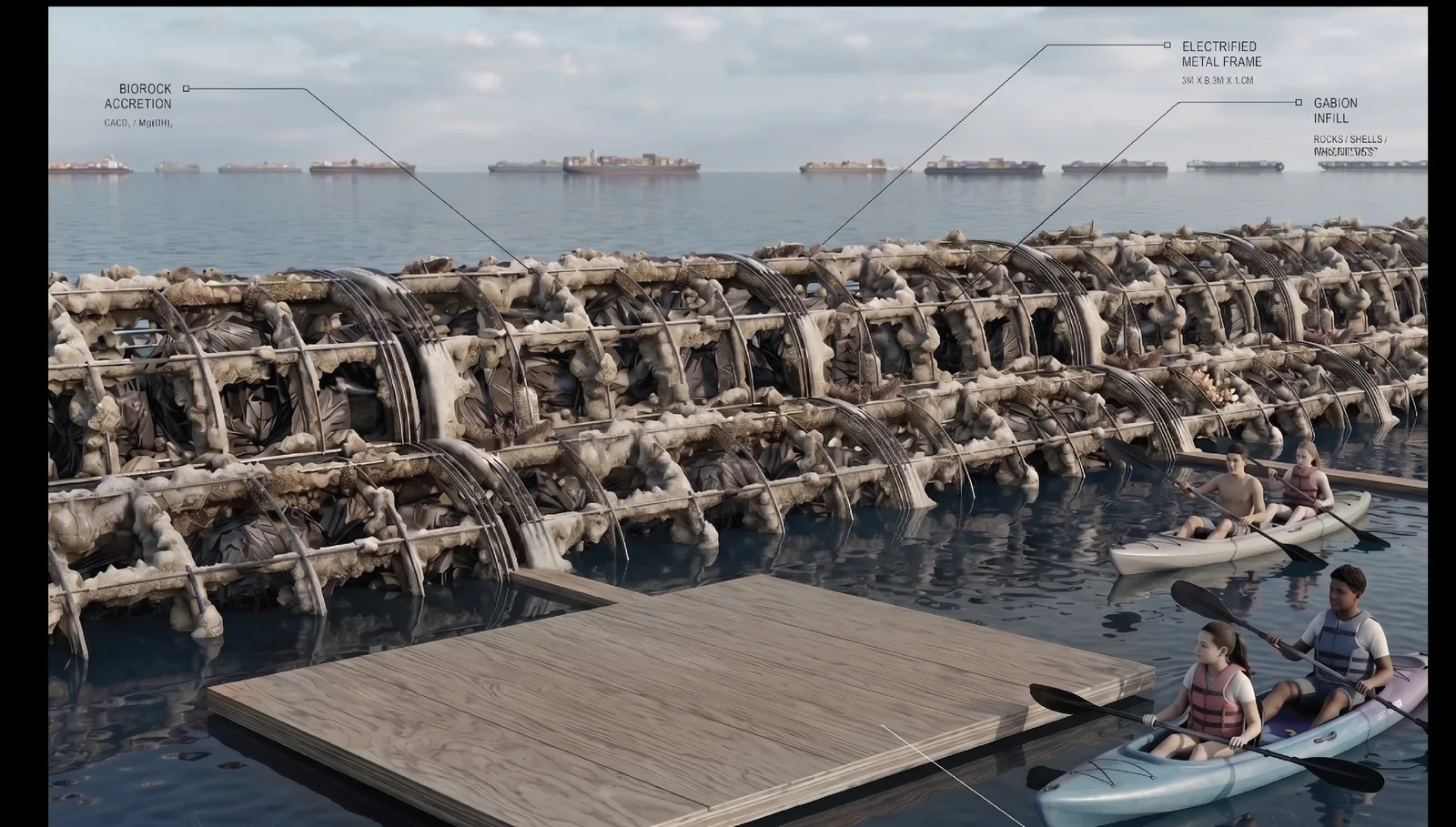 Close view of the accreted reef line with a floating timber platform and kayakers alongside